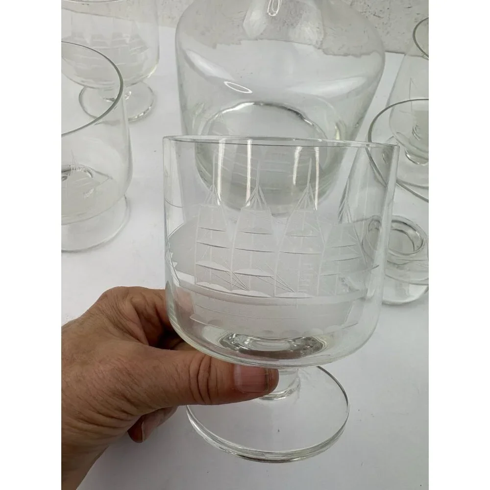 Vintage Etched Glass Decantur & 5 Glasses Clipper Ship Nautical Bar Barware